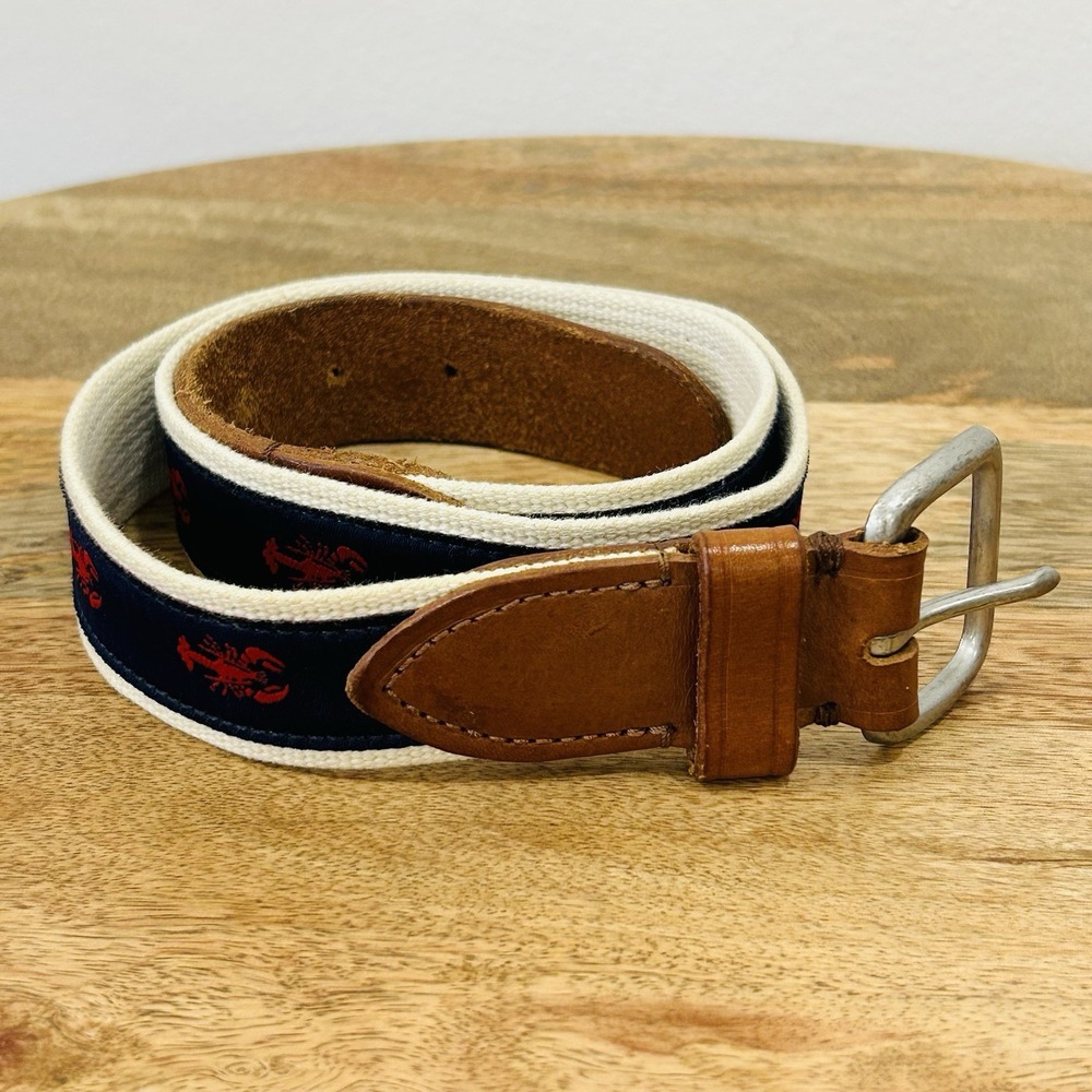 Vintage 1990's J Crew Leather Ribbon Belt Red Lobster Navy Men's 36